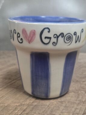Adorable Mini Blue Striped Ceramic Planter Perfect for Windowsill ~ Bin 1B